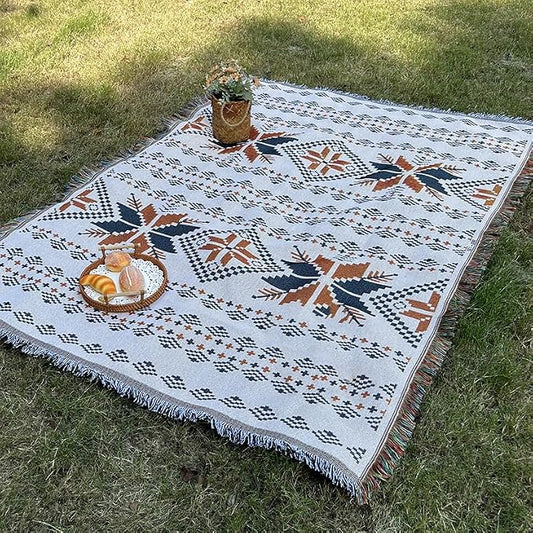 White Picnic Blanket, Extra Large Soft Cotton Gauze Picnic Rug 71"x71", Lightweight Breathable Blanket, Machine Washable for Beach, Camping, Park, Couples (Patterned Glow - No Straps)