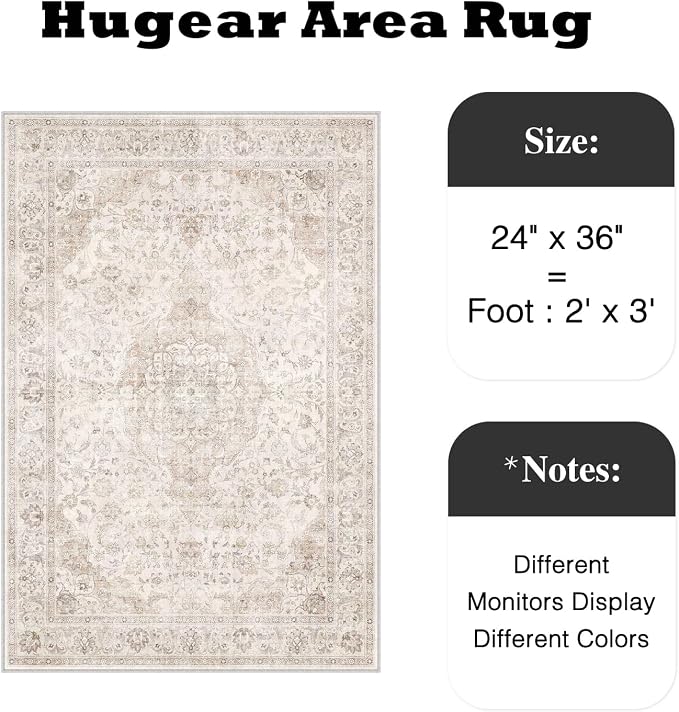 2x3 Entryway Area Rug Vintage Beige Small Rug Machine Washable Door Mat Neutral Floral Low Pile Carpet Vacuumable Thin Throw Rug Entrance Kitchen Bathroom Bedroom Non Slip Lightweight