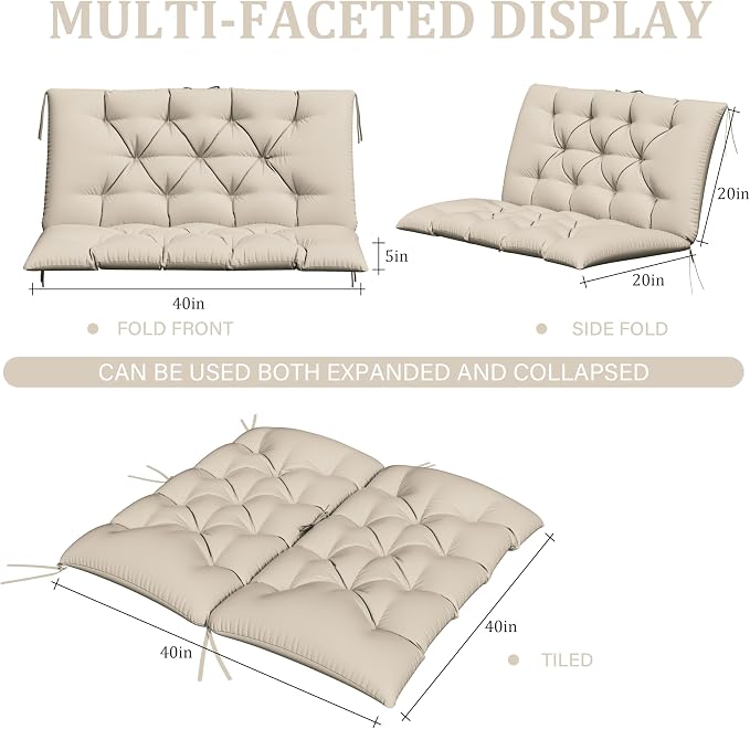 Porch Swing Cushion with Backrest,Waterproof Bench Cushion for Outdoor Furniture,2-3 Seater Replacement Thickened 5 in swing cushion,with Ties,Patio,Outdoor,Backyard and Cream (Cream,40x40 in)