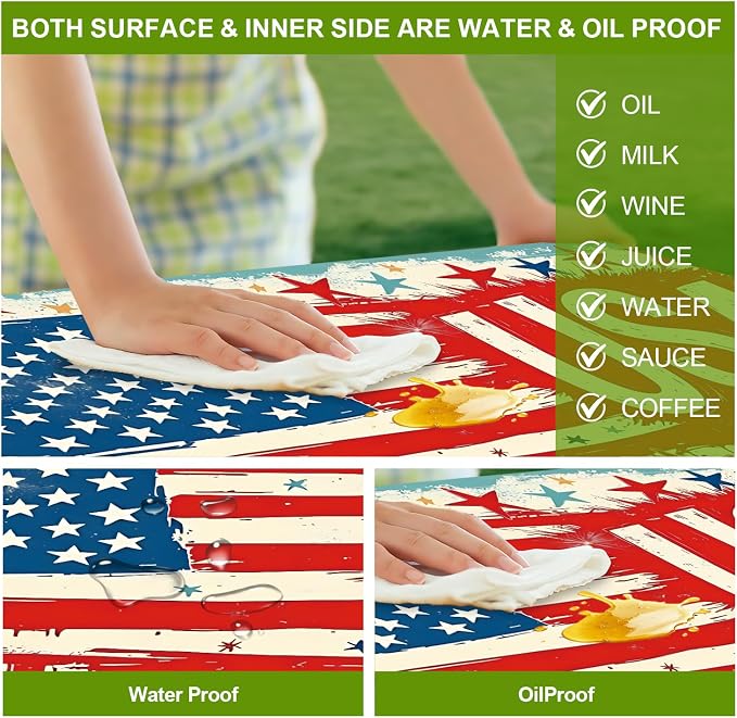 Patriotic USA Picnic Table Cover with Bench Covers Set of 3 - American Flag and Butterfly Pattern, Elastic Fitted Tablecloth for 6 Ft Tables, Washable Polyester Cover for Patio, Indoor & Outdoor