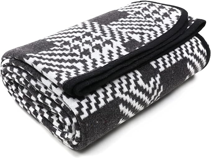 PuTian Merino Wool Blanket - 87" x 63" Thick Warm Soft Large Bed Throw - Great for Camping, Outdoors, Travel, Car, Couch, All Seasons Houndstooth Black
