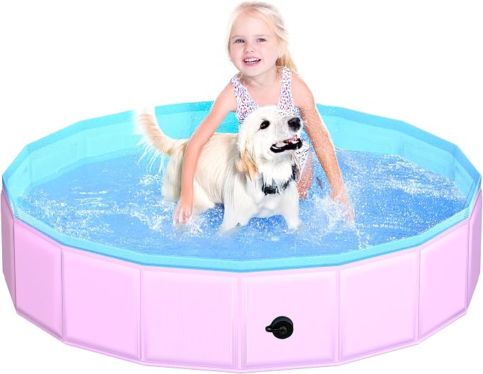CACSPS 2025 Updated Foldable Dog Pool, 47" x 12" Kiddie Pool with Hard Plastic, Non-Slip Dog Bath Tub for Outdoor Backyard, Collapsible Dog Swimming Pool for Kids Dogs Pets (Pink)