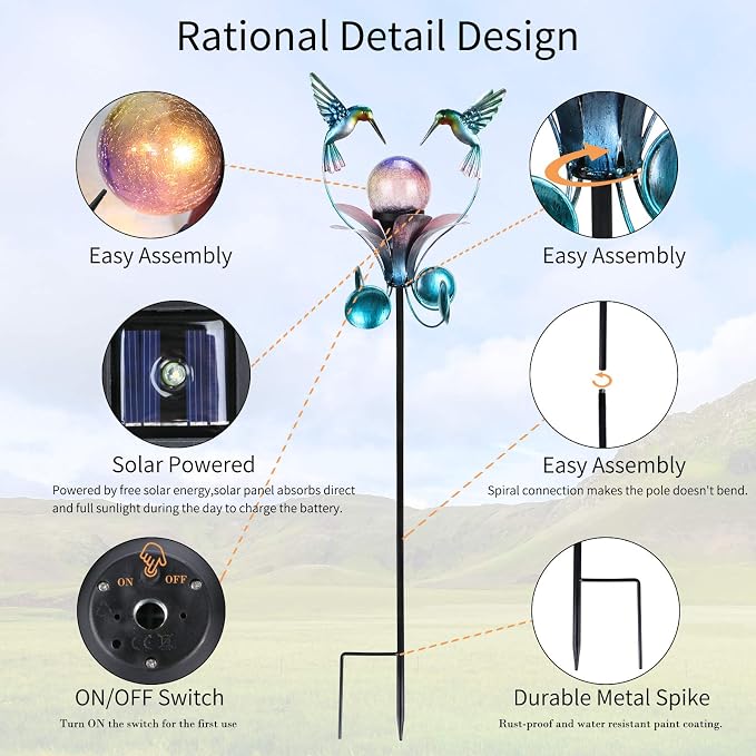 Decorative Solar Outdoor Light, Hummingbird Glass Globe Stake For Lawn Yard | Solar Hummingbird Lights With Wind Spinner Design, Crackle Glass Globe, Auto On/Off For Garden, Lawn, Yard