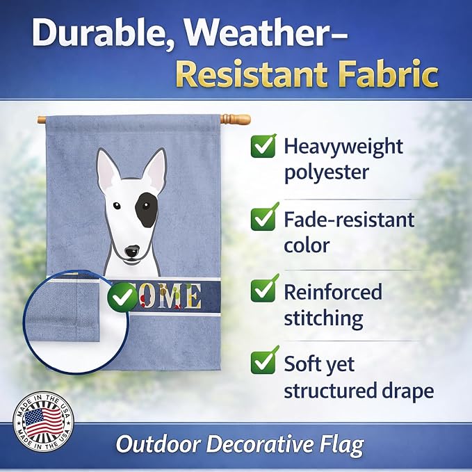 Caroline's Treasures BB1395CHF Bull Terrier Welcome House Flag, Blue Large Porch Sleeve Pole Decorative Outside Yard Banner Artwork Wall Hanging, Polyester, House Size, Multicolor