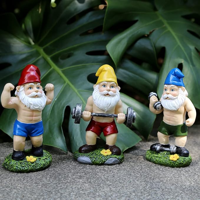 Funny Workout Garden Gnomes Statues 3pcs 6.2 Inches Outdoor Muscular, Barbell and Dumbbell Gnomes Decorations Set Gnome Gifts for Yard Lawn Patio, Indoor Gnome Figurine for Home Tabletop