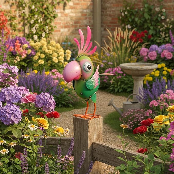Metal Parrot Statue Outdoor Garden Decor,15" Bird Decor Yard Statue Decorations Outdoor,Funny Parrot Sculpture for Patio, Lawn, Backyard(Green and Pink)