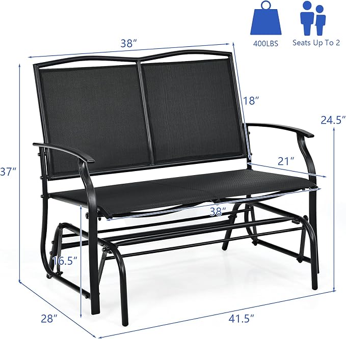 Giantex Patio Glider Benches for Outside, Swing Glider Chair with Steel Frame, 400 LBS Capacity, Patio Swing Rocker, 2-Person Loveseat for Backyard, Poolside, Lawn, Balcony, Porch Glider Bench(Black)