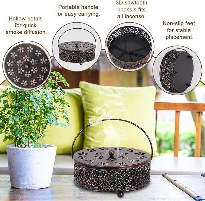 Portable Mosquito Coil Holder, hogardeck 6.3" Round Fireproof Metal Mosquito Incense Holder with Handle, Retro Hollow Incense Burner Yard Art for Lawn Garden Patio (Bronze, 1 Pack)
