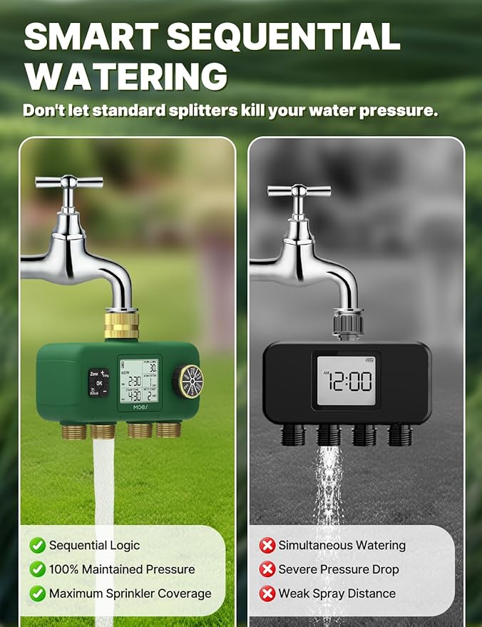 MOES 4 Zone Water Timer for Garden Hose, 1 in Inlet with 3/4 in Adapter, Brass Outlets, Battery Operated Sprinkler Timer, 4 Way Faucet Valve, Sequential Watering, Rain Delay, Non-WiFi