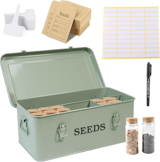 Seed Storage Organizer, 4 Compartment Metal Seed Saving Box with Lid and Safety Locks,Seeds Packet Container with 1 Pen, 12 Slots, 20 Plant Labels, 30 Seeds Envelopes,Perfect for Flower Plants Garden