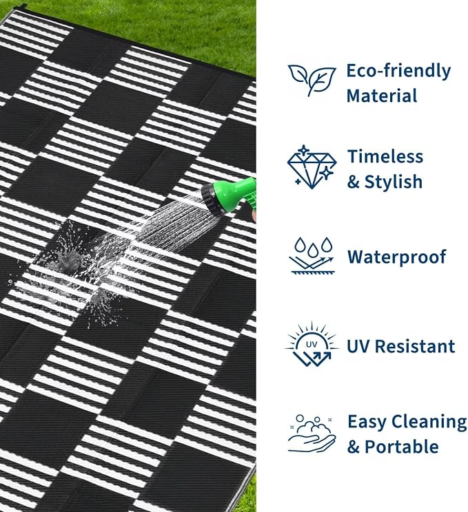 Garvee Waterproof Outdoor Rug 9x12, Checkered Foldable Plastic Straw Patio Camping Rug, Outdoor RV Carpet for Deck Camper Porch Balcony Backyard Picnic Beach Black and White