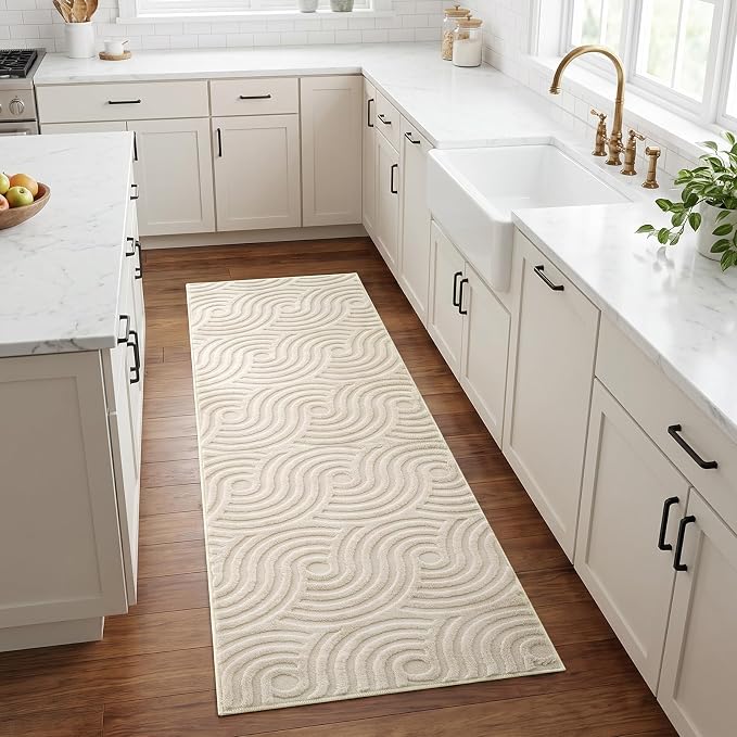 Etwel 2x6 Beige Modern Abstract Textured High-Low Pile Washable Runner Rug | Soft Carpet, Non-Slip PVC Backing, Low Profile, Kid and Pet Friendly, for Kitchen, Entryway, Hallway, Bedroom