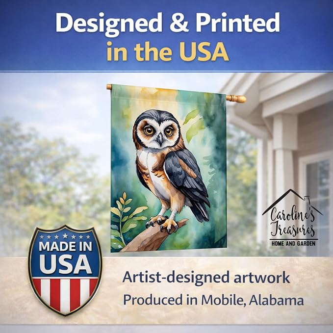 Caroline's Treasures Spectacled Owl House Flag Large Porch Sleeve Pole Decorative Outside Yard Banner Artwork Wall Hanging, Polyester, House Size, Multicolor