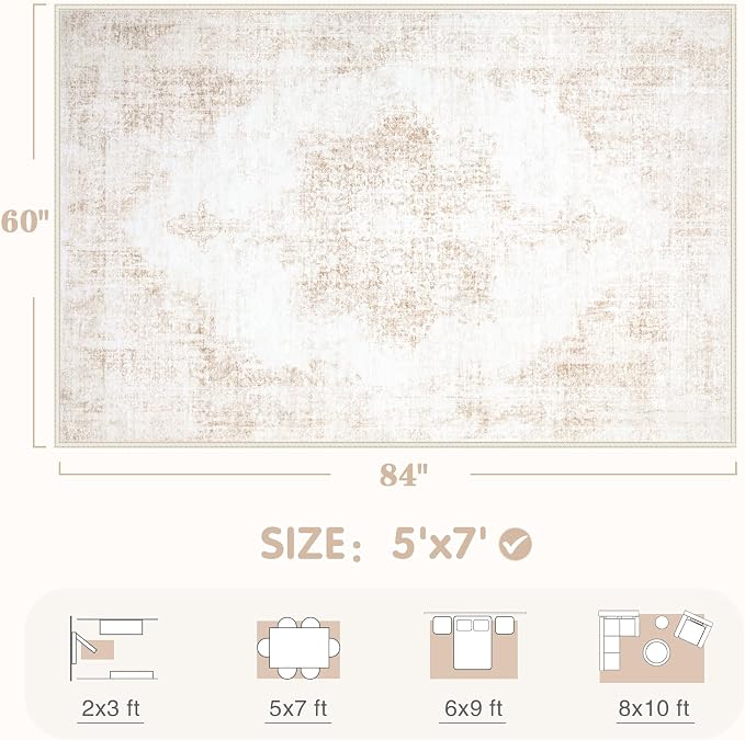 Area Rug 5x7 Vintage Rug: Washable Living Room Rugs Retro Medallion Distressed Large Rugs Soft Low Pile Non-Slip Indoor Floor Carpet for Bedroom Kitchen Nursery Dining Table Office (Beige, 5'x7')
