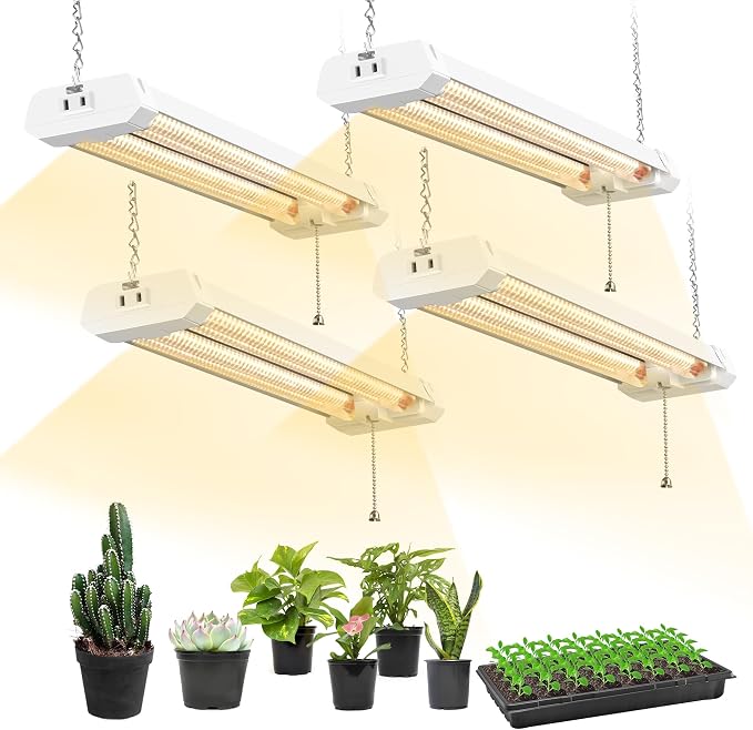 Hlite 16 inch Plant Growing Lamps, Hanging Full Spectrum 4 Pack, Yellow | Hanging Grow Light for Indoor Plants with Shade, Linkable Plug and Hanging with On/Off Switch, Seedling to Flowering