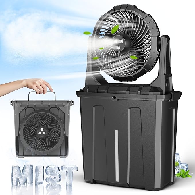 Ausic 9L Bucket Portable Misting Fan for Outdoors Patios, 30000mAh Rechargeable Battery Operated Camping Fan, 3 Strong Winds, 3 Large Spray Outlets, for Fishing/Travel/Garden Party/Golf/Tent/Office