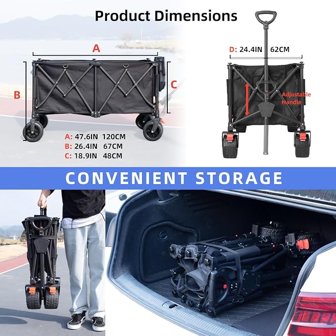 novelinks Foldable Utility Cart, Heavy Duty Collapsible Garden/Beach Wagon Supporting 440lbs, Outdoor Grocery Wagon with Brakes and Pocket, Sports Camping Shopping (Extra Large 260L)