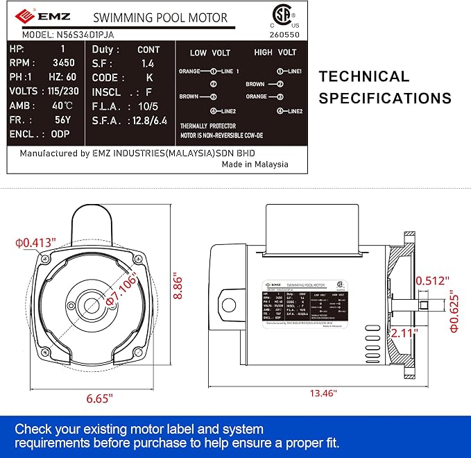 1 HP Pool Pump Motor, 56Y Square Flange, 115/230V, 3450 RPM, ODP | Single speed replacement motor, compatible with B2853/B853 specs, 1.4 service factor