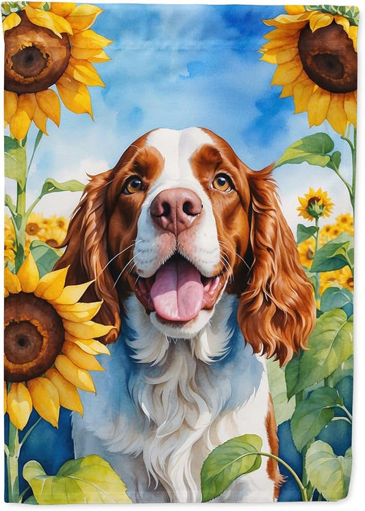 Caroline's Treasures DAC6171CHF Welsh Springer Spaniel in Sunflowers House Flag Large Porch Sleeve Pole Decorative Outside Yard Banner Artwork Wall Hanging, Polyester, House Size, Multicolor