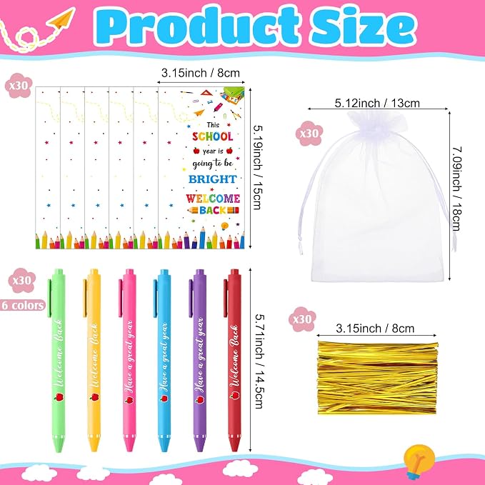 Marspark 30 Set Welcome Back to School Gifts Bulk Ballpoint Pens and Greeting Cards Set with Bags Twist Ties Bright First Day of School Gifts for Teacher Student Classroom Party Favors Supplies