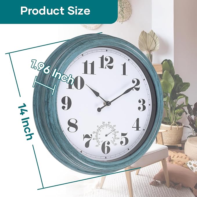 Outdoor Clock Waterproof 14 Inch Outdoor Clocks with Thermometer Combo Wall Clock Battery Operated Non-Ticking Green Clocks for Patio Pool