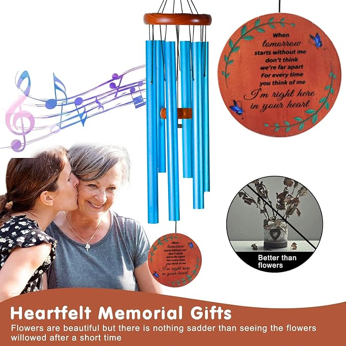 Memorial Wind Chimes for Loss of Loved One – Sympathy Gift for Loss of Dad, Mom, Baby, or Friend – Outdoor Bereavement Wind Chimes, Blue Round Design