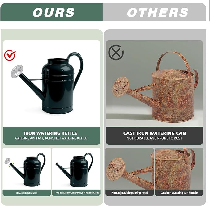 LONGRUN 2.3 Gallon Dark Green Metal Watering Can for Plants and Garden with Removable Spout, Made of Galvanized Iron