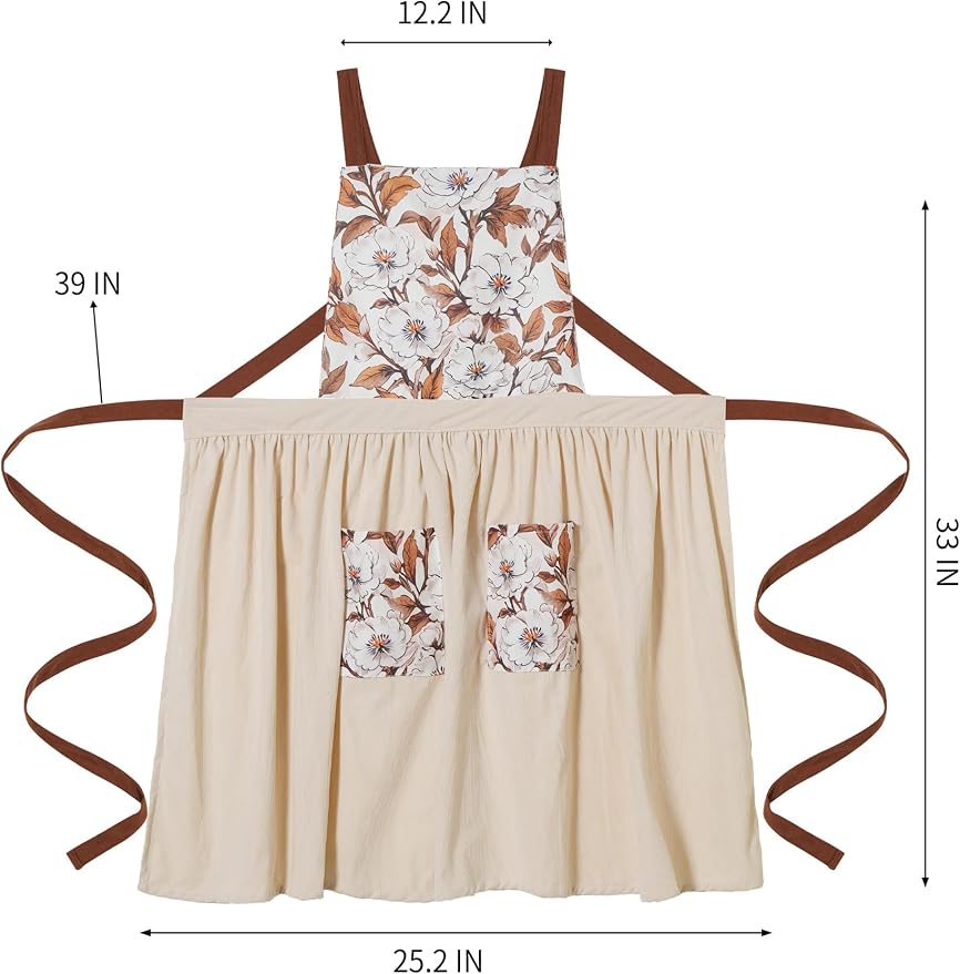 Pinknoke Vintage Pinafore Apron Dress for Women with Pockets Cute Floral Chef Aprons for Kitchen Cooking Baking Gardening
