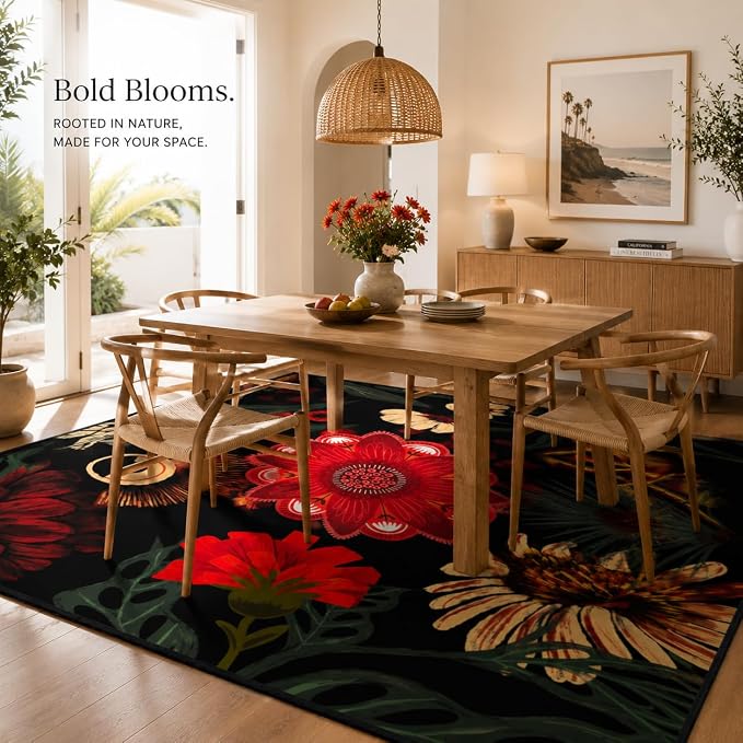 Tyrot Vintage Black Red Boho Floral Living Room Rug, 5x7 Rug Flat Woven Ultra-Thin Washable Botanical Area Rugs Non-Slip Low-Pile Carpet for Bedroom, Dining Room, Office, Kids Room