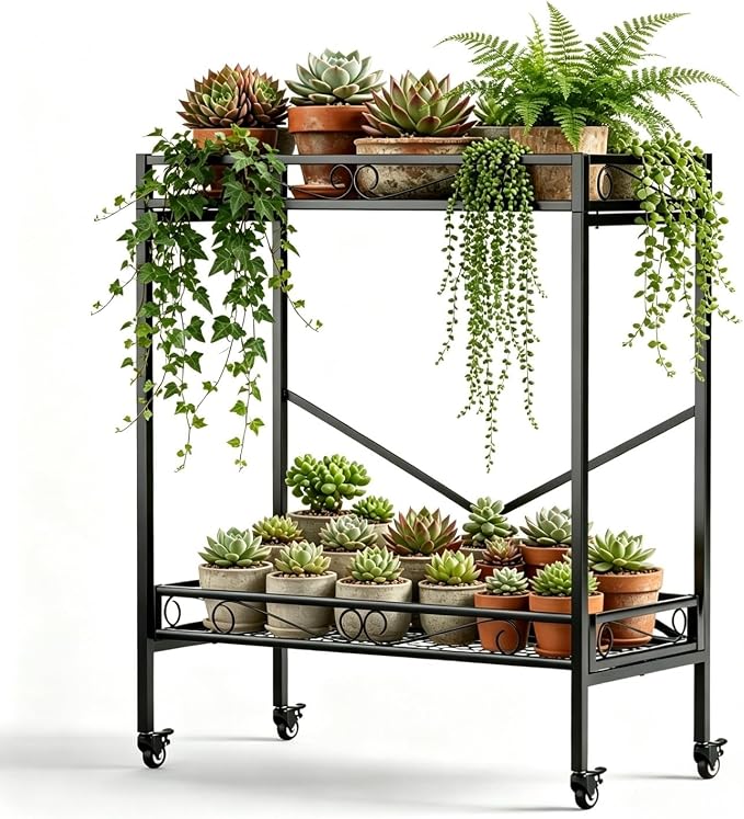 Zhongma 2 Tier Window Height Sturdy Metal Plant Stand with Wheels, 32.7x16x39.4 Inch High, Heavy Duty Succulent Shelf for Home Indoor and Outdoor, 440 LBS Capacity & Heavy Duty Construction