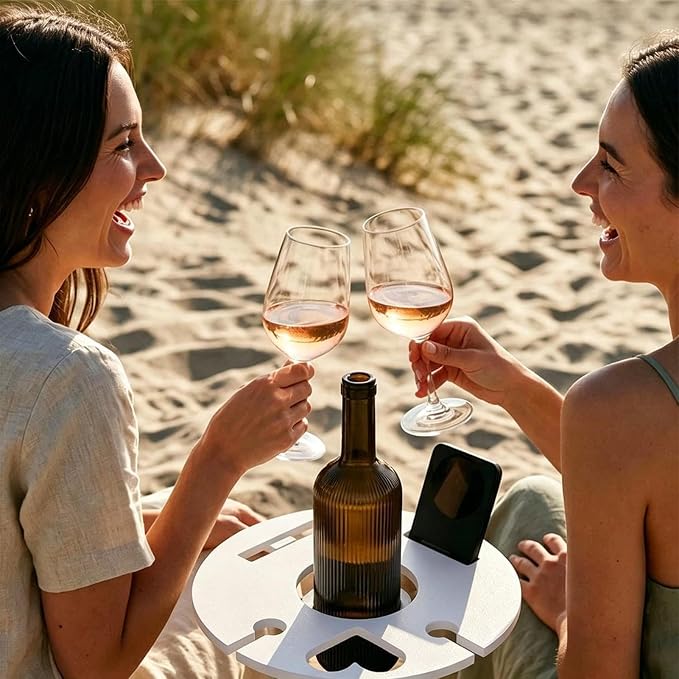 Foldable Wine Table Outdoor, Portable Mini Wooden Picnic Table Wine Glass Holder for Beach BBQ Camping Yard Lawn Party