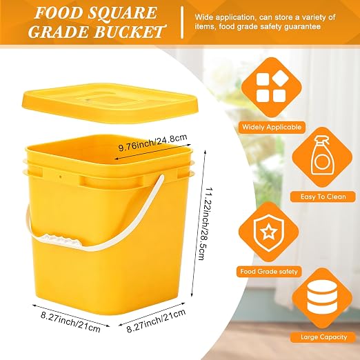 Mumufy 5 Pcs 3.5 Gallon Square Food Grade Bucket with Lid Square Bucket Pail Plastic Handles for Long Term Food Storage, Camping, Fishing, Home Organization Easy Stack and Store (Yellow)