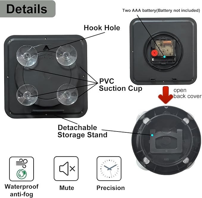 Bathroom Waterproof Wall Clock, Black Indoor Wall Clock with Suction Cup, Quartz Movement, Plastic Frame, Flexible Choice for Hanging Or Standing, Modern Silent Small Clock for Living Room and Kitchen
