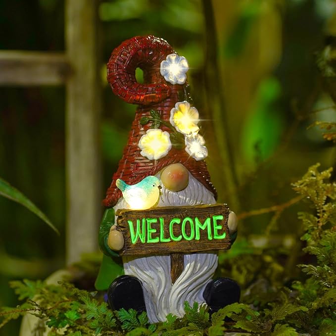 Solar Gnome with Wlecome Decor for Yard Decorations | 10 Inch Gnome Statue Decor for Outdoor,Perfect Garden Gifts for Women,Mom