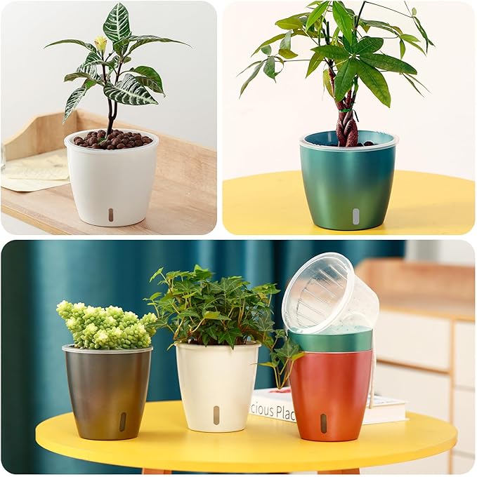 Self-Watering Pots for Indoor Plants, 16-Pack Self Watering Planter with Drainage Holes, Small African Violet Pots with Water Indicator, 10-Pack 5''/6-Pack 6.7'' Orchid Pot, White