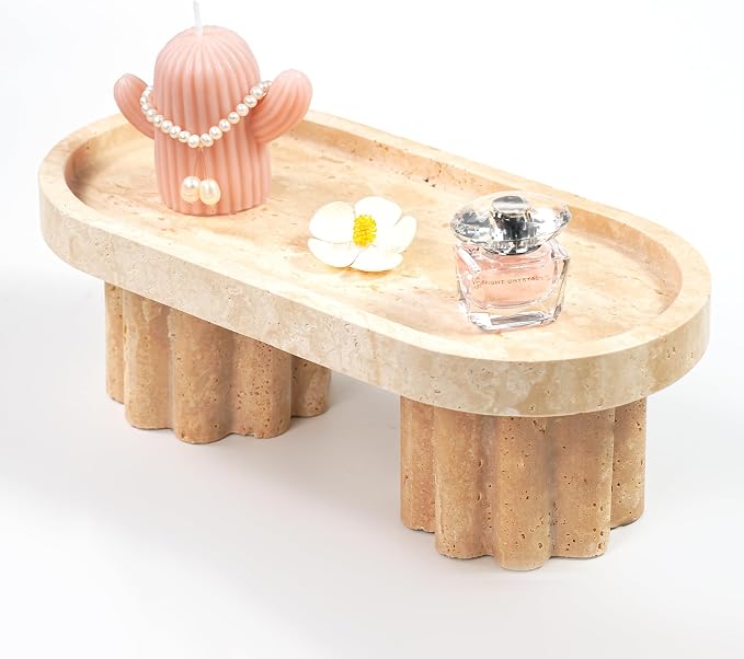 Travertine Marble Perfume Tray - Oval Decorative Stone Pedestal with Scalloped Legs for Bathroom Vanity Coffee Table Kitchen Countertop, Footed Jewelry Holders Organizers