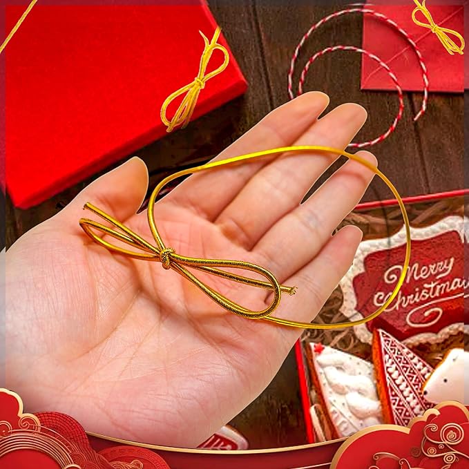FQTANJU 200 Pcs 10Inch Gold Stretch Loops with Pre Tied Bows Metallic Elastic Ribbon String Gold Elastic Cord for Gift Wrapping Crafts Tags Gift Boxes Bow