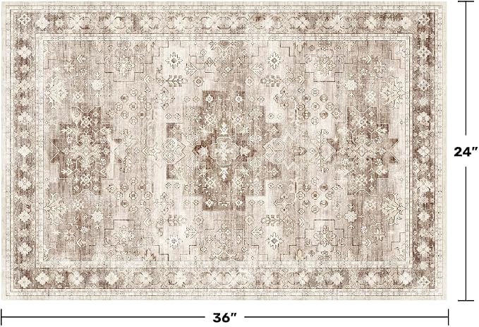 Boho Bathroom Rugs - Washable Non-Slip Soft Low Pile Area Rug for Entryway, Kitchen, and Indoor Spaces - Modern Farmhouse Design, Perfect for Boho Décor (2x3 Beige/Latte)