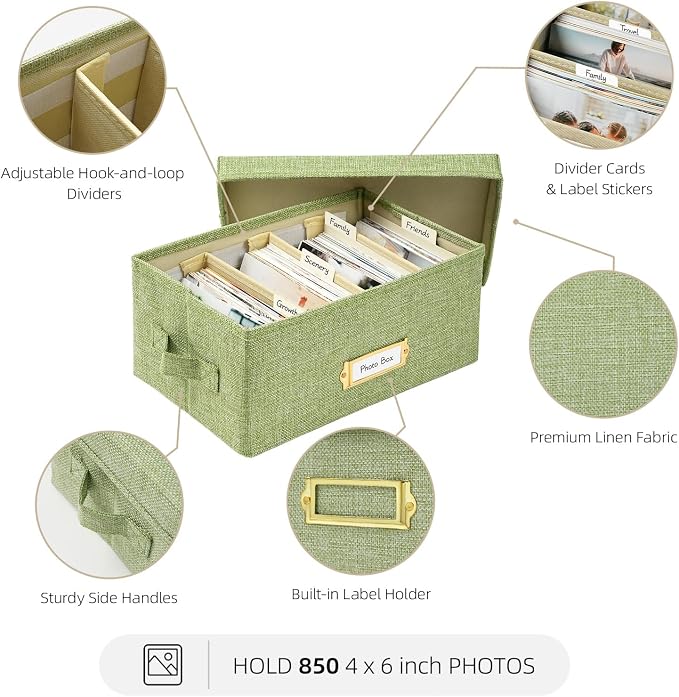 Linen Photo Storage Box with Adjustable Hook and Loop Dividers, Holds 850 4"x6" Photos, Collapsible Picture Organizer with Handle and Label Stickers, Memory Keepsake Box for Women, Grass Green