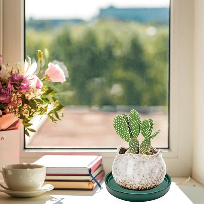 Yukfona Ceramic Plant Saucer Tray 2 Pcs 7 Inch Green, 7" OD x6.8 ID x0.9 Deep| Fits Flower pots Bottom≤ 6.8", Heavy Duty Glazed Round Planter Drip with Catch Basin for Indoor Outdoor Plants