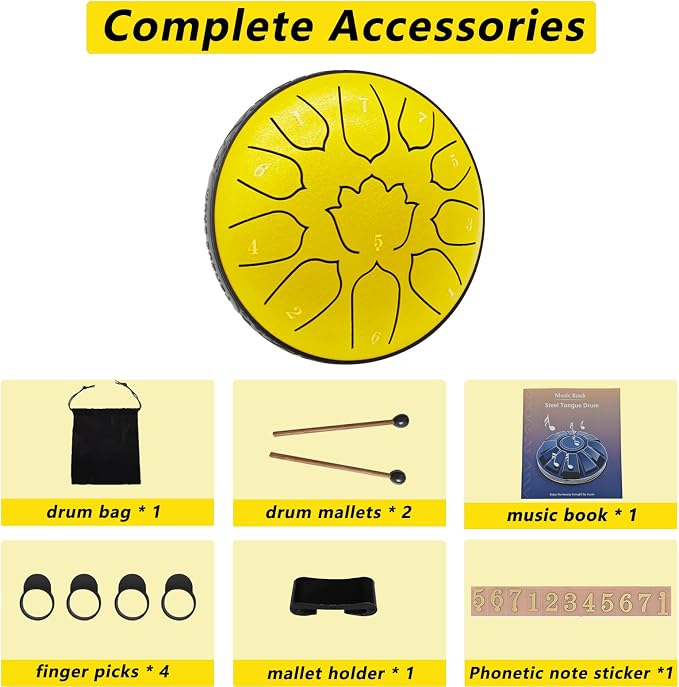 Steel Tongue Drum 11 Notes 6 Inches, Rain Drum for Outside with Bag, Music Book, Mallets, Finger Picks, Stickers – Meditation & Yoga Steel Drum