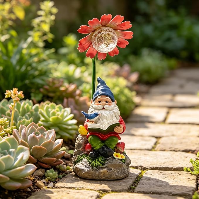 COWOS Solar Powered Garden Gnome Statue with Glowing Flower Light, Hand-Painted Resin Figurine for Outdoor Patio, Yard, Lawn Decor, Gift for Garden Lovers