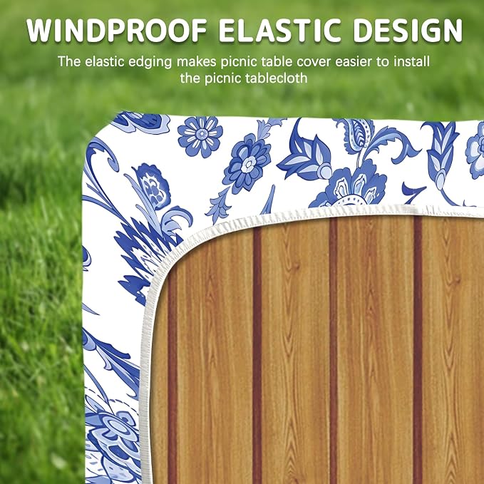 Picnic Table Cover with Bench Covers Elastic Edges, 3 Pcs Flower View Fitted Table Cover with Drawstring Bag, Waterproof Windproof Aesthetic Camping Tablecloth, Outdoor Camping Essentials 72 Inch