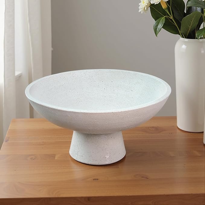 Large Decorative Fruit Bowl - Modern Handcrafted Resin Pedestal Bowl for Kitchen Counter, Entryway Key Holder & Table Centerpiece, Off-White Travertine Stone Bowl