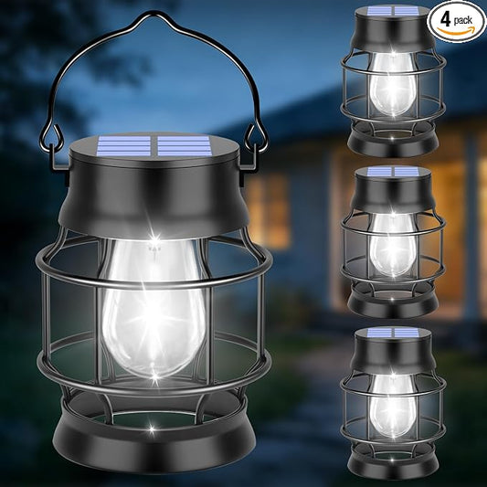 TomCare Solar Lanterns Lights Outdoor Waterproof 4 Pack Metal Hanging Solar Lights Lantern for Outdside Decorative Patio Porch Garden Lawn, Cool White