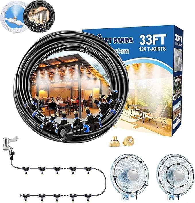 Misters for Outside Patio,Outdoor Water Misting Cooling System,33FT|10M.Backyard Mist Kit for Garden,Greenhouse,Fan,Deck,Umbrella,Canopy,Pool,Porch.Trampoline Sprinkler Park,BBQ Party Accessories