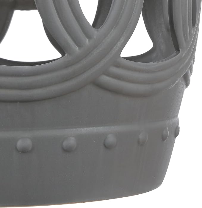 JONATHAN Y Lucky Coins 16" Ceramic Garden Stool, Contemporary Matte Gray Cutout Interlocking Rings Drum Indoor/Outdoor Side Table and Plant Stand for Patio, Garden, Living Room TBL1022F