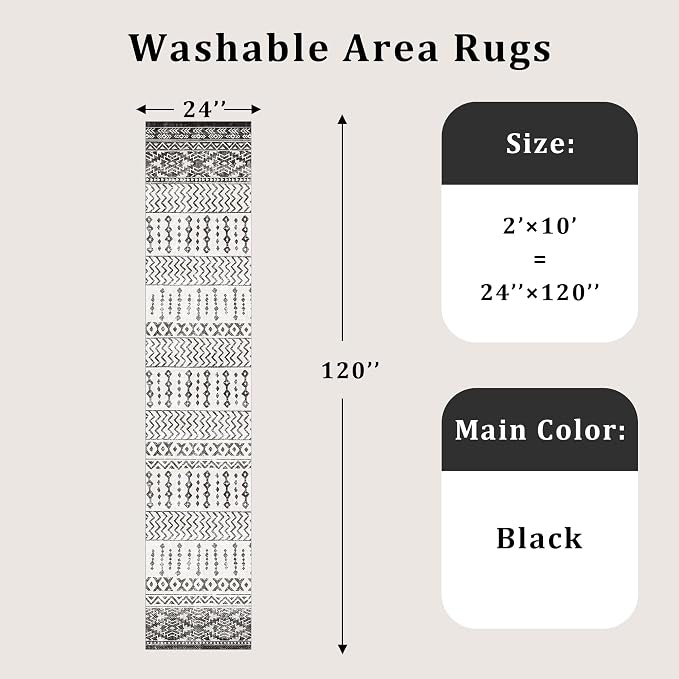 Art&Tuft 2x10 Runner Rug Non Slip, Washable Rug Runners for Hallways,Black | Low Pile, Moroccan Soft & Lighweight, Folable, Stain Resistant 10ft Carpet Runners for Entryway,Kitchen,Living Room,Bedroom