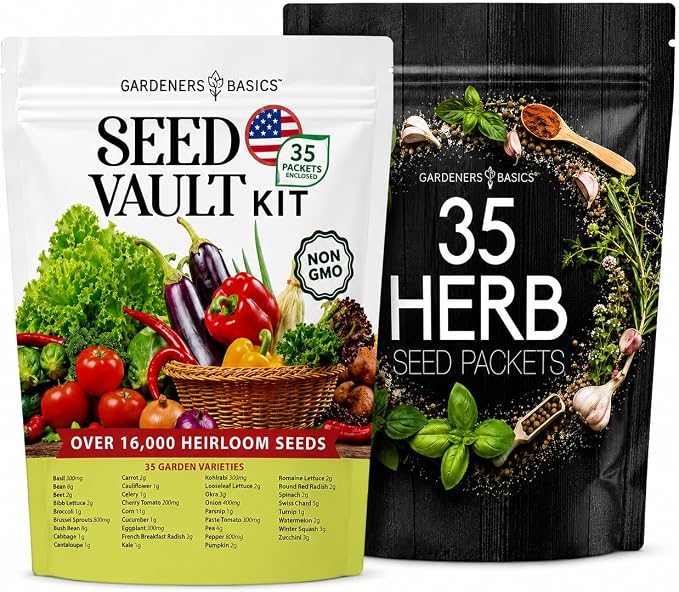 Gardeners Basics Seed Vault + Medicinal Herb Seed Bundle | 70 Heirloom Vegetable & Herb Varieties | 35,000+ Non-GMO Heirloom Seeds for Gardening, Homesteading & Prepping