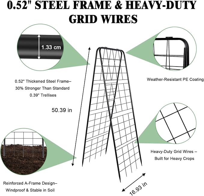 Perszen 50.39"x16.93" Sturdy Cucumber Trellis for Raised Garden Bed, Rustproof Metal Garden Trellis for Climbing Plants Outdoor, A-Frame Vertical Arch Trellis for Vegetables, Cucumber, Pea, Black